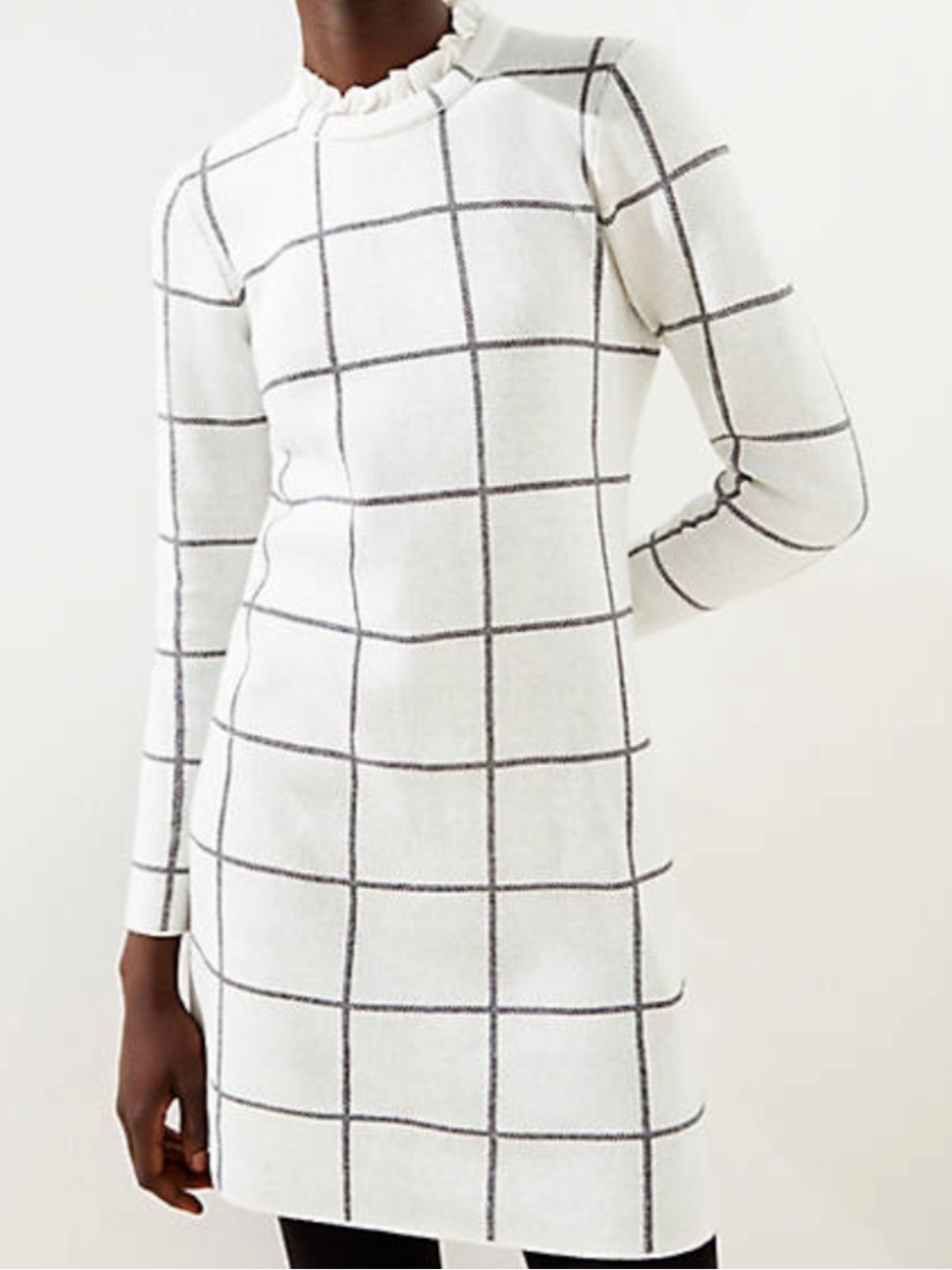 LOFT Cream Windowpane Ruffle Neck Sweater Dress NWT Size XS